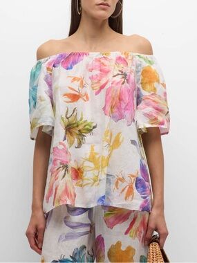 120% Lino Off-Shoulder Floral-Print Linen Blouse